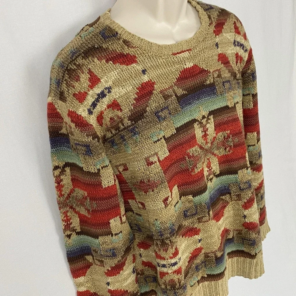 VTG Polo Ralph Lauren Hand Knit Southwestern Sweater Mens L Linen Silk Cotton